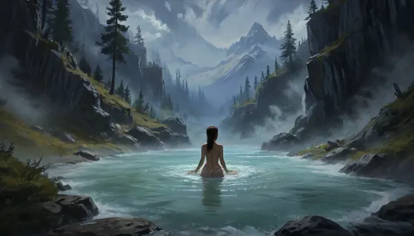one woman, 40 year old, naked, sexy pose, hands behind head, bathing hot springs sulfur water, (sunny daytime, medieval wilderness, flat terrain, lowlands, skyrim eastmarch), very close view, (artwork, digital painting, fantasy art, loading screen art style), <lora:SumTim:.1>, <lora:J_cartoon:.2>, <lora:Sinister_Style_SDXL:.1>, <lora:EnvyAnimeDigitalPaintingXL01:.1>