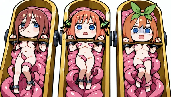 Cute, tied on metal pillory, nude, tied inside metal sarcophagus, shackles, 3 girls, lies on back, Nino Nakano, Miku Nakano, Yotsuba Nakano, chibi style, above view, tied arms, tied legs, white background, shackles, scared, pink tentacles, tentacle sarcophagus