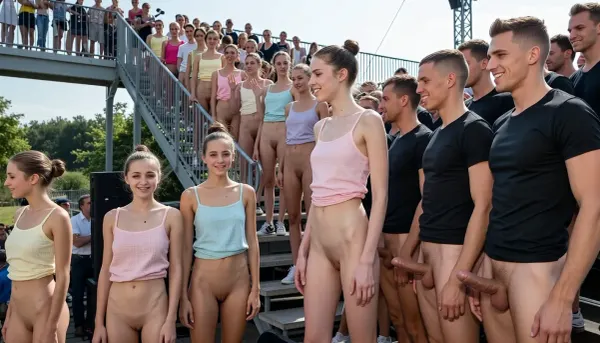 (full body view), (ultrarealistic photography), Nude genitals contest on outdoor stage., (nude french beautiful young girls, innocent face, slender, stunning, realistic detailed faces, proud smile, all girls with perfect shaved vaginas and vilvas, all the girls are wearing short, pastel-colored linen camisole tops, all girls with hair in bun or updo.), (nude young men wearing a black muscleshirt, all men with erect penis, confident smile), many spectators, sunny summer day, (many Girls enter the stage via a wide staircase, the girls wave in greeting), (the men waiting in a row on the stage, looking with interest to the girls)