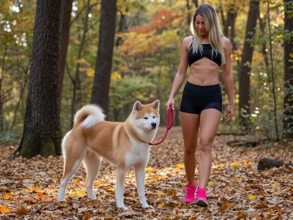 A realistic, high-resolution photograph capturing a young blonde woman walking a large red and white Akita through a vibrant autumn forest. The woman is looking down with a relaxed smiling expression towards the Akita. She has tan skin and straight blonde hair falling past her shoulders. Her attire consists of a revealing a black crop top, tight black athletic shorts, and bright pink sneakers with white soles. She holds a coiled red rope leash in her hand, the leash attached to the pet. To her left, a large Akita Inu stands on the forest floor, featuring a thick coat of tan and white fur, pointed triangular ears, and a fluffy tail curled over its back. The Akita has white paws and looks forward with a calm, alert demeanor. The ground beneath them is thickly covered in a dense layer of fallen autumn leaves in varying shades of yellow, brown, gold, and orange, creating a textured, crisp carpet. The background features a forest of tall trees with dark bark and foliage transitioning from green to orange and yellow, heavily blurred into a soft, creamy bokeh effect indicating a shallow depth of field. Natural sunlight filters through the canopy from the upper left, casting dappled light and warm highlights on the subjects and the forest floor, enhancing the autumnal atmosphere. The overall mood is peaceful and active, with a warm color grading. The composition is a full-body shot taken at eye level, emphasizing the connection between the woman and her pet in a natural, outdoor setting, with sharp focus on the main subjects and a soft, out-of-focus background environment.