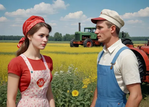 ((soviet propaganda poster style, bright solid colors, minimal detail, no color gradient, old anime style, low details)), in kolkhoz fields, in front of old tractor, hard body russian village girl, about 20 year old, short flower print sundress, white kerchief on head, talking to man who wears peaked cap and overalls