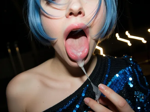 Create realistic extreme closeup of mouth, (Blue bobcut haired skinny russian girl, slavic girl, very bony girl, black and blue one shoulder sequin dress, mouth open), (back of mouth full of cum:1.5), cum in mouth, fingers playing with cum, smeared makeup, hair swinging in air, hair on face, night, dark, drunk, rowdy, flash photo, motion blur, amateur snapshot, heavy dutch angle, violent light trails, chaotic long-exposure motion, realistic white skin with flaws, burned highlights, extreme closeup, viewed from above, viewer above her, ISO 800 film grain, face partly cropped out from view