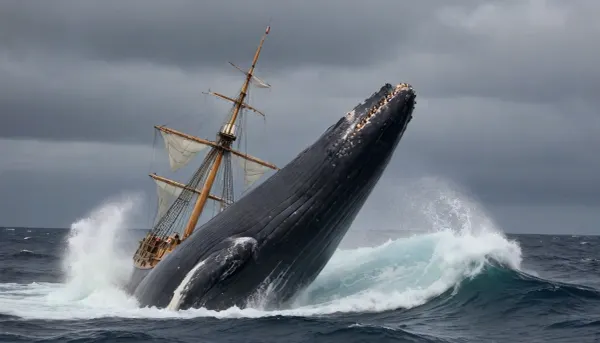 (UHD), Decades have passed since the whaler Essex sank in the Pacific, and the thirst for revenge and the promise to kill the giant, .1.3, whale called the mubydik that severed his leg a few years earlier are about to be fulfilled. A Norwegian whaler, with a harpooner with a wooden leg, fatigued by the great waves of the sea, pursues a giant whale called the movy dik. The storm rages, and the Norwegian ship is equipped with a large harpoon on the bow, along with a sailor with a wooden leg ready to fire the harpoon at the giant whale. The whaling ship pursues a 25-meter-long sperm whale in the midst of the storm. In front of the whaler, a large whale almost grazes the bow, passing through a giant wave. View from the helm, harpooner on the bow. The whale is gigantic, the sea and waves are churning. The man fires his harpoon. You can see the enormous size of the giant whale in front of the boat, escaping. The image quality is spectacular. The details in the sunset light make the whale's body and skin absolutely perfect.