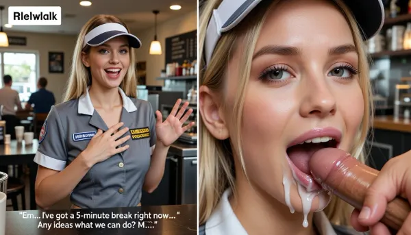 score_9, score_8_up, score_7_up, absurd_res, hi_res, Photorealistic horizontal split-screen, left half and right half completely independent.
Blank space divisor.

LEFT HALF, Young blonde woman with visor and grey uniform standing behind a counter, exact same framing as the top reference. She is alone. She behaves actively and energetically, smiles flirty, gestures with her hands, shifts her weight, leans closer to the camera while speaking, and makes lively natural head and shoulder movements. She looks at the camera and speaks energetically with playful pauses in a teasing voice, “Em… I’ve got a 5-minute break right now… Any ideas what we can do? M?…” Only her voice is heard. Soft natural breathing. Moderately busy cafe background sounds with distant voices. No oral actions, no cock, no cum on the left half.

RIGHT HALF, Close-up of the same young blonde woman. Her face, lips and chin are covered with thick white cum from the first frame and the cum stays on her face the entire time. A man’s hand rhythmically strokes a thick hard cock. She greedily sucks the cock, looking at the camera with a happy pleasure expression, moving her mouth on the cock and smearing the cum. No speaking, no dialogue, only soft wet sucking sounds and her quiet pleasure breathing. No counter, no uniform visor actions.

LEFT half = active flirty gesturing, leaning closer, energetic monologue. RIGHT half = only continuous blowjob with permanent cum and pleasure. The two halves never exchange actions, faces, or sound. Strict real-time normal speed.

Pure visual video, absolutely no subtitles, no text, no captions.