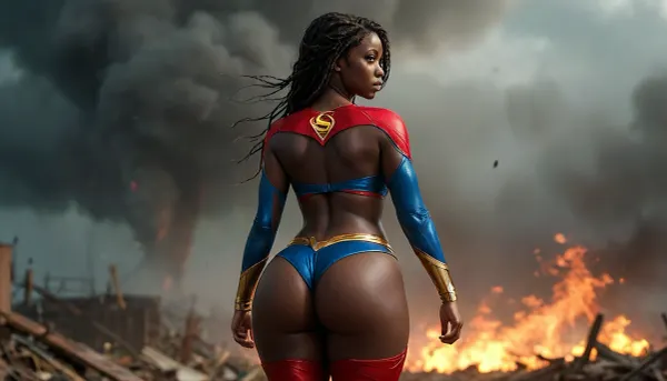 8k, best quality, (masterpiece), (intricate details), ((rear view)), super sexy 25 year old African female dressed as Supergirl, ((very dark skin:1.4)), Long black braided hair, perfect eyes, perfect face, perfect lighting, 4beautiful, high detail, octane render, detailed eyes, sexy, walking away, view from behind, holding golden lasso, mysterious, (full-body shot from a distance), standing in the center of a tornado with debris blowing around her, huge natural breasts, round buttocks, curvy thighs, curvy round hips, wide thigh gap, tight round ass, Rainbowiridal, Spiral, rainbowiridal, eyes, palette, Shiny..., Bright..., Intense, gaze, Fire, dragon, Amber, cat, Anthro..., woman, Genetically, modified..., bottomheavy, big, ass, huge, gigantic, thick, thighs, massive, <lora:MJ52:1.5>, <lora:Stunning_eyes_2:.8>, <lora:bottomheavy_v1_sdxl_LoRA:2>