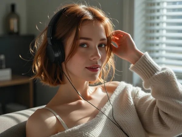 (ethereal aesthetic, surreal lighting:1.2), elegant and affectionate girlfriend, (auburn hair so fine and light it's nearly translucent and floating weightless, hair glow lighting), short hair, loose strands of hair framing face, stray hair glowing in sunlight, relaxed casual pose, reclined sprawl on couch, soft contented smile, focus on blissful and contended face, listening to music, wearing plain black studio headphones, hand raised to tuck hair behind her ear, living room, window, window blinds, (soft full lips, sharp defined jawline, delicate features), (hair glow lighting, hdr lens flare, crepuscular lighting through window, light motes), (tight closeup portrait, face bathed in sunlight:1.4), (layered composition with defined foreground and background, shallow depth of field), (girl-next-door beauty with natural charm), (comfortable casual attire, oversized loose sweater slipping off one shoulder, visible bra strap)