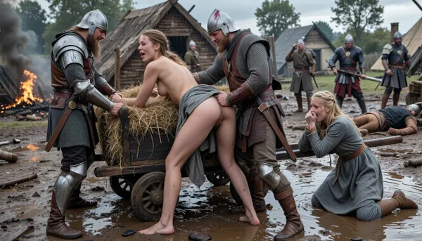 année 950 en Angleterre, raid viking dans un village du Wessex fin des combats les vikings se livrent au pillage après avoir massacré les villageois et brulé leurs huttes de l'époque, au premier plan une jeune fermière anglaise est en larmes en train de hurler et de se débattre elle est debout de profil jambes tendues pieds au sol elle est penchée en avant sur une charrette de foin les bras tendus en avant et maintenus fermement par les poignets par un viking en armure devant elle qui rit, elle a les pieds au sol, un autre viking en armure debout couvert de sang est derrière la femme il insère profondément et violemment son pénis sorti dans les fesses de la femme après avoir relevé sa robe de tissu grossier il l'agrippe pour la soumettre, en arrière plan une autre jeune femme fermière en robe grise grossière est toute seule à genoux dans la boue est attachée par les mains en pleurant, les femmes sont maculées de boue et ont des ecchymoses après avoir lutté, un 3-ème soldat viking la menace avec son arme, tout au fond de l'image on distingue encore quelques combats entre soldats anglais et vikings, des cadavres de villageois pleins de sang jonchent le sol, le sol est un mélange de terre et de boue, certaines huttes brulent, le ciel est très menaçant avec de gros nuages sombres et déjà quelques gouttes de pluie commencent à tomber ajoutant une ambiance pesante à la scène violente, la lumière blafarde ajoute un côté froid à la scène, armures réalistes et conformes à l'époque