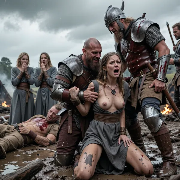 année 950 en Angleterre, raid viking dans un village du Wessex fin des combats les vikings se livrent au pillage après avoir massacré les villageois et brulé leurs huttes de l'époque, au premier plan une jeune fermière anglaise est en larmes en train de hurler et de se débattre elle est à genoux de face les bras dans le dos et maintenus fermement par les poignets emprisonnés dans les mains d'un viking en armure derrière elle qui rit, un autre viking en armure debout couvert de sang est à coté de la femme, il approche son penis de la femme et il insère profondément et violemment son pénis sorti de son armure dans la bouche de la femme et il l'agrippe par la tête pour la soumettre sa robe est déchirée découvrant ses seins, en arrière plan 3 autres femmes fermières en robes grises grossières déchirées sont à genoux dans la boue attachées par les mains en pleurant avec des attitudes variées de prostration de frayeur ou de supplique, les femmes sont maculées de boue et ont des ecchymoses après avoir lutté, un 3-ème soldat viking les menacent avec son arme, derrière la femme en arrière plan un homme en chemise et pantalon en coton grossier est étendu au sol gisant dans la boue il est couvert de sang une plaie béante à la poitrine il a été exécuté la gorge tranchée par un viking devant les femmes, tout au fond de l'image on distingue encore quelques combats entre soldats anglais et vikings, des cadavres de villageois pleins de sang jonchent le sol, le sol est un mélange de terre et de boue, certaines huttes brulent, le ciel est très menaçant avec de gros nuages sombres et déjà quelques gouttes de pluie commencent à tomber ajoutant une ambiance pesante à la scène violente, la lumière blafarde ajoute un côté froid à la scène, armures réalistes et conformes à l'époque