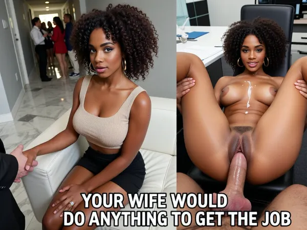 8k UHD, Picture divided in two parts.
On the left part of the picture, high angle professional photoshot. A 25 years old ultra black skin afro girlfriend with innocent face is sitting holding tighten her thighs on a white leather couch. The scene takes place in an indoor corridor with marble on thé floor and empty grey walls. brunette afro hair, ultra black skin girlfriend, afro nose, Big clear green eyes, large gold hoop earrings, curvy body, natural medium tits. She's wearing a beige top and a short black skirt. Pussy barely visible. Wedding ring with a diamond on her ring finger. The secretary and the viewer are handshaking each other. Daytime, sunlight is sparkling the scene. In background, blurred crowd of beautiful women with office clothes who are waiting in the corridor.
On the right part of the picture, POV, same ultra black skin afro girlfriend, same face, same body, same hair, same clothes, topless. Inside an office. Nobody's around. She's lying on her back on a desk, holding her thighs, getting fucked in the ass in missionary position by a thick 18 inches veiny penis, wet penis, another man standing with his penis close to her face. She's streaming, some shot of white cum on her face and boobs., (((same girlfriend in both pictures))), .
Big text on the lower part of the picture "YOUR WIFE WOULD DO ANYTHING TO GET THE JOB".