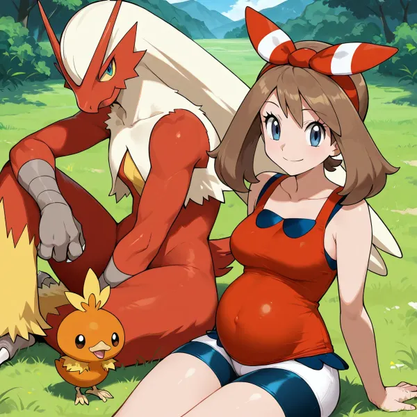 (((Masterpiece))), Blaziken, torchic, smiling, small pregnant stomach, sitting on grass, best quality, (((anime style))), 1girl, may_\, (pokemon\), collarbone, highres, eyelashes, red_shirt, bow_hairband, sleeveless_shirt, absurdres, bike_shorts, <lora:may_(pokemon):.6>