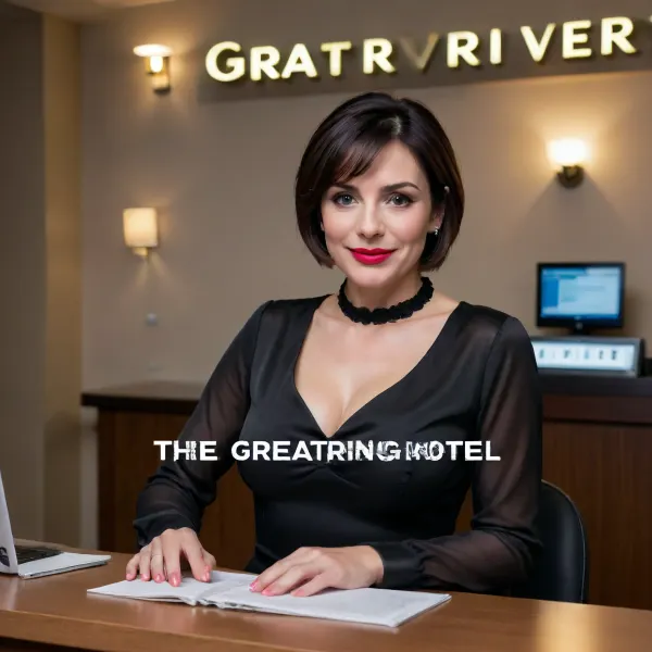 (((text "THE GREAT RIVER HOTEL"))), (((office lady behind a hotel reception counter working on a laptop))), ((black silk blouse with the words "THE GREAT RIVER HOTEL" in large black letters writing on front)), laughing face, natural lighting, (looking down), bad lighting, amateur, 1skinny adult woman, adult milf of 60 years, white realistic skins, natural beauty, 60 years old, European body, European face, beautiful eyes, lips, cute tall nose, symmetrical face, symmetrical eyes, ((blushing)), looking at camera, POV, short black bob, perfect face, full makeup, red lipstick, low lighting, dark, natural pose, beautiful hands, detailed fingers, HD, "THE GREAT RIVER HOTEL", shirtlift, breasts, cutout, clothing, nipples, nsgzz, english, text, focus, neon, sign, glow, <lora:texta:.8>, <lora:2BoutOvalSDXL2-000002:.5>