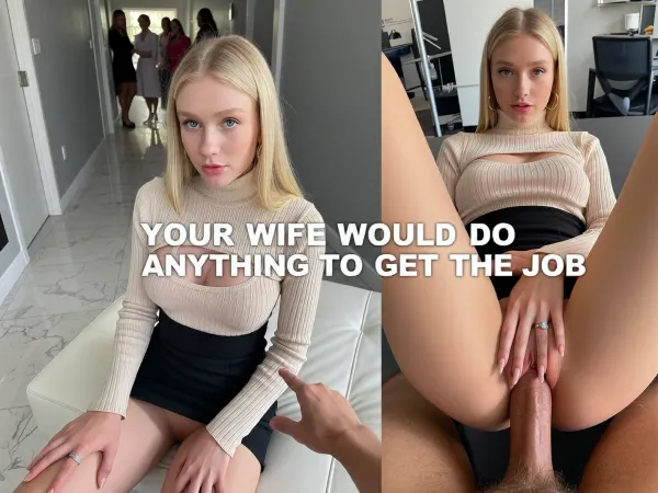 8k UHD, Picture divided in two parts.
On the left part of the picture, high angle professional photoshot. A 19 years old blonde sexy girlfriend with candid innocent face is sitting holding tighten her thighs on a white leather couch. The scene takes place in an indoor corridor with marble on thé floor and empty grey walls. Clear blonde very long square haircut, very pale almost sick skin, freckles on her face, slim face, slim nose, Big clear blue eyes, slim chin, moles, large gold hoop earrings, skinny body. She's wearing a beige turtleneck pullover with a downblouse and a skinny sized black skirt. Pussy barely visible. Wedding ring with a diamond on her ring finger. The secretary and the viewer are handshaking each other. Daytime, sunlight is sparkling the scene. In background, blurred crowd of beautiful women with office clothes who are waiting in the corridor.
On the right part of the picture, POV, same girlfriend, same face, same body, same clothes. Inside an office. Nobody's around. She's lying on her back on a desk, holding her thighs, getting fucked in missionary position by a thick 18 inches veiny penis, wet penis. She's streaming.
Big text on the center of the picture "YOUR WIFE WOULD DO ANYTHING TO GET THE JOB".
