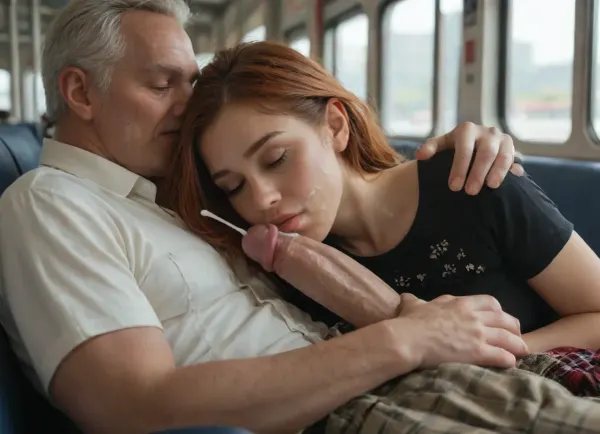 Little redhead woman sleeping in subway seat, facial cumshot, cum on lips, 30-year-old man pressed against cock on her cheeks, undressing floral black blouse, taking_off_shirt, plaid skirt