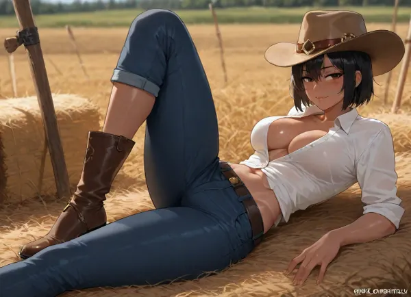 ((Insanely hot)), ((top quality、masterpiece、high sensitivity、high resolution、detailed depiction、depiction of a delicate face、thin face、 cute eyes)), ((Slender cowboy girl with black short hair)), is advanced digital art, cowboy hat, white unbuttoned work shirt, work jeans、leather boots with spurs, field background, ((slim muscular body)), ((tall)), freckles, confident, ((extremely confident look in her eyes)), ((very poor lighting)), (((tanned))), (((resting while laying in hay in vast field))), ((extremly sweaty)), (feminine stance), score_9, score_8_up, score_7_up, score_6_up, (j_cartoon:1.4), Drawing, <lora:hinaTuningFaceDetailer_SDXL-v2-rank256-pruned:1>