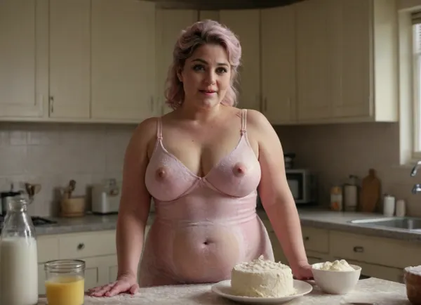 An curvy housewife is standing in the kitchen wearing a pink, see-through nightgown and baking a cake, her hair and nightgown are covered in flour. She has flour on her face, her hair is a mess, and her breasts are covered in flour.