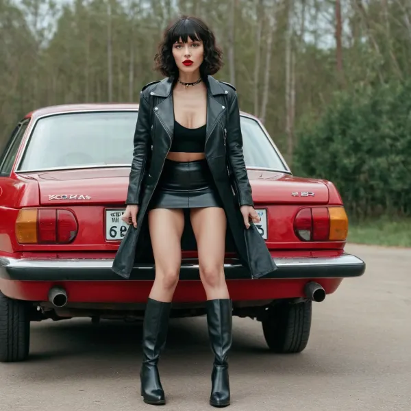 A young skinny woman with short black hair and bangs is on the hood of a car on all fours, her face is low against the hood of the car and her ass is raised up. She is wearing a long black leather jacket, black leather boots, a black leather skirt and a diamond collar and has red lips. Behind her standing next to the car is a tall lanky man with long curly hair and a moustache who is fucking her from behind.