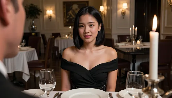 Smartphone photo, POV, short and petite 23yo asian woman, asian, nerdy, no makeup, sitting across from me at an elegant upscale restaurant, fully clothed in a sophisticated black evening dress, natural face, shy and nervous soft smile, candlelight, evening, candid, first date, front view, iPhone photo