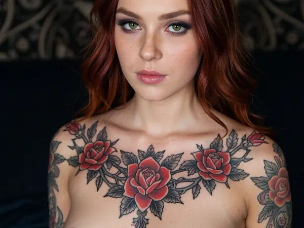 (A tattoo artist's portfolio portrait of a goth redhead woman showcasing an intricate full-coverage chest tattoo of red roses and thorns and black lace), (She is a perfect example of non-conventional beauty with facial features composed of sharp strong angles, deep green eyes)