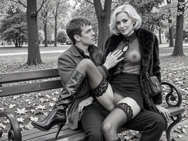 A detailed, monochromatic black-and-white pencil drawing, a mature, sexy blonde woman sitting on the lap of her young lover on a park bench in autumn, the man is touching the woman's breast through her nearly sheer blouse, realism, masterpiece.