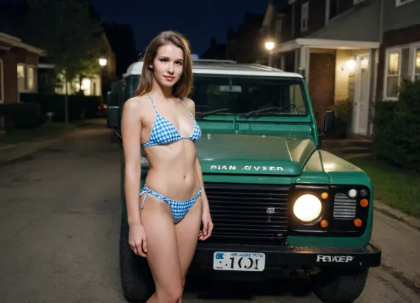 Create a candid nighttime snapshot in the style of a late-1990s/early-2000s disposable 35mm film camera. The image should feel like an unposed personal photo taken quickly with a compact point-and-shoot using direct on-camera flash., (((A young adult woman stands casually beside a parked Land Rover Defender in a quiet residential or urban parking area at night))), . She is framed full body, looking toward the camera with a natural, slightly playful expression. Her pose is relaxed and imperfect, as if caught mid-moment., (((She wears only a tight gingham highcut thong string bikini))), Framing is slightly off-center and handheld, with a spontaneous, friend-taken snapshot feel.Lighting is harsh direct flash from the camera, causing bright overexposed highlights on skin and clothing and deep, uncontrolled shadows. The background falls into darkness, with only faintly visible parked cars, trees, and a deep blue night sky. Distant streetlights appear as small points of light.Use a cheap consumer film camera aesthetic, 35–40mm equivalent lens, moderate depth of field, slight softness, imperfect autofocus, mild vignetting, uneven exposure, and natural perspective. No modern digital sharpness or smartphone processing.Film look should include visible grain, slight color noise, halation around highlights, faded blacks, and imperfect white balance. Colors are warm from flash, with blue shadows, muted greens, and slightly faded tones. The image should resemble a scanned 35mm print.Include authentic film imperfections, dust, tiny scratches, subtle motion blur, and exposure inconsistencies. Everything should feel organic, not added or artificial.Mood is nostalgic, youthful, intimate, and effortlessly candid—like a real memory from a night out, not a photoshoot. Prioritize realism, imperfection, and spontaneity over polish.