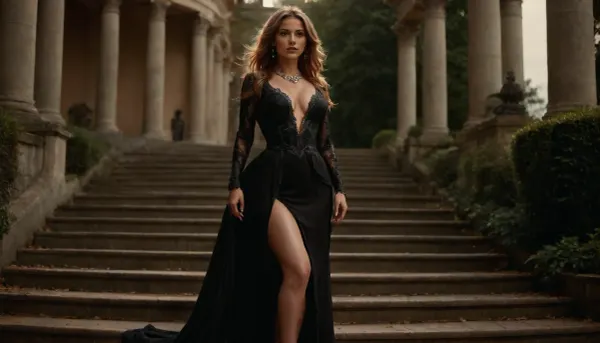 NSFW, sexy pose, wide angle, photorealistic, (she is extremely beautiful:1.33), A glamorous adult woman with long, straight light-brown hair, standing on elegant stone stairs in a luxurious classical garden. high full bust, (size 34D:1.4), She is wearing a sophisticated floor-length lace black evening gown with long sleeves, a deep plunging neckline and dramatic high thigh slits, revealing her legs. The dress has a flowing skirt and a long train cascading down the stairs. She wears a delicate gold necklace with a round pendant. Natural confident pose, one leg slightly forward, looking to the side with a calm, elegant expression. Behind her is a beautiful historic garden with classical stone balustrades, carved columns, manicured green hedges, flower beds and stone staircases. Bright sunny summer day, warm natural sunlight, realistic skin texture, subtle shadows, cinematic fashion photography, luxury editorial aesthetic, shallow depth of field, highly detailed, 85mm lens, full-body composition, high resolution, detailxl, round, breasts, <lora:round_breasts-XL-1.0:1.1>, <lora:RMSDXL_Photo:.8>, drkfntasy, <lora:darkfantasystyle:.8>, <lora:WomanXL_lora32-1:.8>