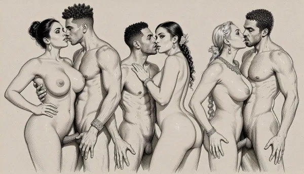Nsfw. Pornographic art. full body view, Rough charcoal sketch on textured paper, couples of beautiful nude woman from diverse ethnicities, curvy, busty, wide hips, traditional hairstyles and jewelry. All in explicit Lesbian sexual intercourse poses. clean line art, ethnographic erotic studies