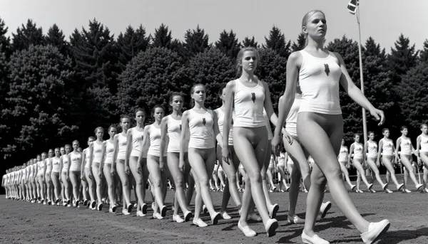 A vintage black-and-white photograph capturing a large formation of young nude women marching in synchronized steps outdoors on a bright, sunny day. The scene depicts a disciplined group, appearing to be a mid-20th-century youth organization or gymnastics team, moving diagonally from the left background toward the right foreground. The women are uniformly dressed in white, sleeveless, A-line tunics that leave their vaginas uncovered. All women's completely hairless realistic detailed vaginas are clearly visible, and white flat shoes that resemble ballet slippers or canvas gym shoes. A small, dark, vertical emblem is pinned to the left chest of each tunic. The primary subject is a tall young woman in the right foreground, captured mid-stride with her left leg extended forward and arms swinging naturally at her sides. She has light blonde hair pulled back, a serious, upward-gazing expression, and fair skin, looking off into the distance with her chin raised. Behind her, rows of identical marchers follow the same cadence, their faces showing focused determination, creating a rhythmic visual pattern of legs and white uniforms that recede into the distance. The background features a dense line of mixed forest, with tall pine trees and leafy deciduous trees providing a dark, textured backdrop that contrasts sharply with the bright white clothing. In the upper right corner, a tall flagpole with a flag is visible against the bright sky. The lighting is harsh natural sunlight, casting sharp, dark shadows on the ground beneath the marchers' feet and highlighting the folds and texture of their white garments. The image has a grainy, archival texture typical of historical photojournalism, with high contrast and a deep depth of field that keeps the formation sharp from the foreground to the mid-ground, while the distant trees are slightly softer. The composition emphasizes the unity and scale of the group through the diagonal leading lines of the marchers, shot from a slightly low angle to emphasize their stride and presence. The ground appears to be a dirt or gravel surface. The overall mood is one of organized discipline and historical documentation, evoking a sense of collective purpose and uniformity.