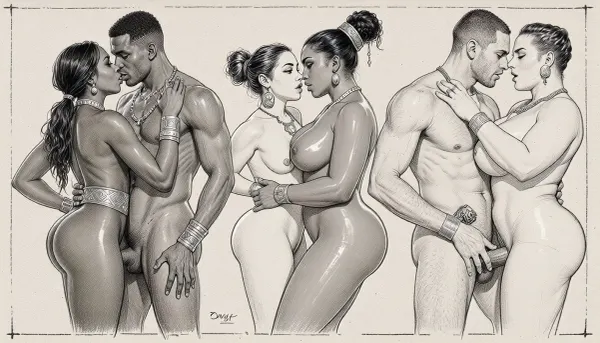 full body view, Rough charcoal sketch on textured paper, Nsfw. Pornographic art. explicit Lesbian sexual intercourse poses of couples of beautiful nude woman from diverse ethnicities, curvy, busty, wide hips, traditional hairstyles and jewelry. clean line art, ethnographic erotic studies