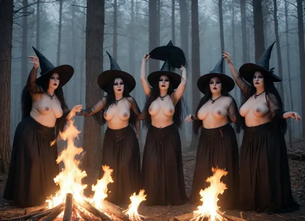Surrealist art, 6 futanari women, long black hair, heavy black makeup, bbw, slender, old grandma and mother and sisters, small penis, dangling, wearing witches hats, dancing around fire, forest background, night time, foggy Dreamlike, mysterious, provocative, symbolic, intricate, detailed, <lora:FF.102.colossusProjectXLSFW_49bExperimental.LORA:2>
