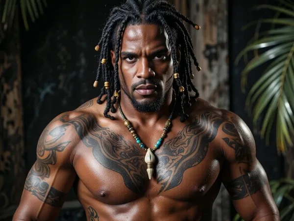 ultra photorealistic cinematic portrait, adult Caribbean man 32 years old, exceptionally powerful masculine presence, extremely dark deep ebony brown skin with rich natural undertones, unmistakably dark complexion even under bright cinematic lighting, dense melanin rich skin with realistic pores, subtle perspiration, fine texture and natural highlights across the shoulders chest and face, intensely dark brown almost black eyes with precise iris detail and strong catchlights, broad athletic frame, exceptionally muscular chest, thick powerful shoulders, large defined arms, strong forearms and naturally developed abdominal muscles, extensive black and gray tattoos flowing organically across his upper arms shoulders chest and ribs, rugged masculine hands, thick neck, sharply defined masculine face with a broad angular jaw, pronounced cheekbones, strong brow ridge, straight powerful nose and firm expressive lips, handsome but formidable, magnetic and slightly dangerous in appearance, projecting confidence physical strength and absolute self possession, medium length dense black beard carefully shaped while retaining a rugged natural texture, faint mustache blending naturally into the beard, extremely thick black dreadlocks reaching beyond his shoulders, individual locks highly detailed and decorated with small wooden beads, carved bone ornaments, turquoise stones, brass rings and subtle Caribbean inspired handcrafted jewelry, several loose dreadlocks framing his face, unwavering direct gaze, restrained expression carrying controlled intensity and quiet dominance, calm rather than theatrical, his posture relaxed yet unmistakably powerful, chest open, shoulders naturally lowered, every feature communicating maturity resilience confidence and raw physical presence, lightly weathered skin suggesting an outdoor tropical life, cinematic tropical atmosphere, dark textured background with hints of weathered timber palm leaves and warm Caribbean humidity, strong directional side lighting carving out his musculature and facial structure, deep shadows and rich blacks, warm highlights across his exceptionally dark skin, high micro contrast, subtle analog grain, full frame photography, 85 mm portrait lens, shallow depth of field, razor sharp focus on eyes beard skin tattoos and dreadlocks, highly detailed realistic human anatomy, premium editorial photography, rugged sensuality, commanding masculine charisma, powerful mysterious presence, extremely detailed convincing photorealism