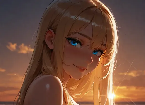 1girl, in the ocean at the beach. Sunset, warm glow of the sun reflecting off the water, Standing in Chest deep water, Kelli, ______1girl, smiling, naked shoulders, breasts just starting to show above the water, side view, head focus, long golden blonde hair, detailed face, big innocent eyes, blue eyes, looking at viewer, naughty face, blushing, sunset background, (incase:.8), masterwork, masterpiece, best quality, high detailed, light through hair, very aesthetic, 8k, flash on the girl., backlight, edge lighting. 1girl, solo, bangs, eye, focus, close-up, sparkle, looking, at, viewer, glowing, eyelashes, double, exposure, merging, blending, head, animal, person, <lora:dark:.6>, <lora:Jeweled eyes-NAI:.9>, <lora:BUT_SDXL_SHS:1.7>, <lora:attractive_notrigger:1.6>, <lora:aidmaDoubleExposure-v0.1:.8>