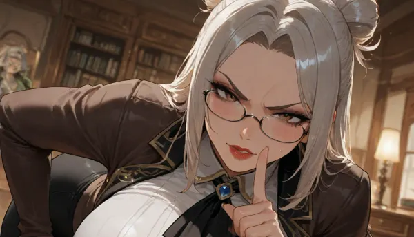 MILF, voluptuous, gray hair, hair in a topbun, red lips, black eyeliner, librarian out fit, glasses, leaning forward, angry expression, finger to lips shushing