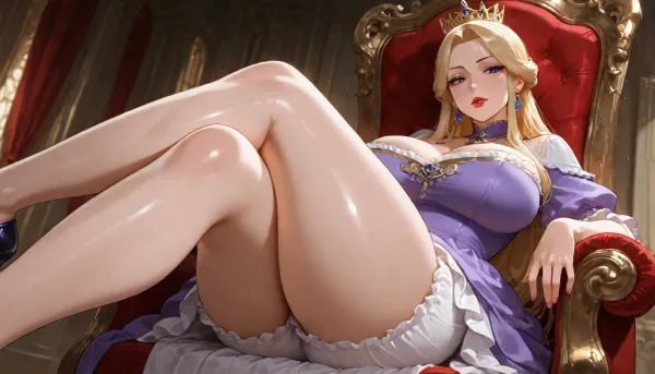 MILF, voluptuous, blond, hair in a bun, red lips, black eyeliner, purple Victorian dress, white bloomers, crown, sitting on a throne, legs crossed