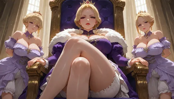 MILF, voluptuous, blond, hair in a bun, red lips, black eyeliner, purple Victorian dress, white bloomers, crown, sitting on a throne, legs crossed, top of dress pulled down past the shoulders