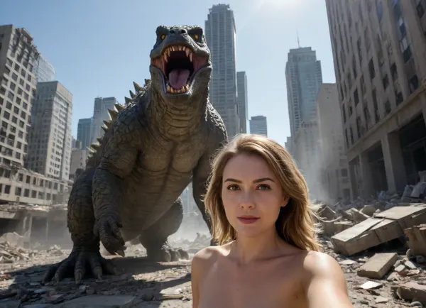 Ultra detailed cinematic scene, three-point perspective, split shadow, dappled bright sunlight through skyscrapers canopy, a happy nude reporter woman doing live broadcast with Godzilla in the background, selfie style, shaky camera, strong shadow, ultimate details, sharp focus, rich color, Nikon D850, Christopher Nolan style, apocalyptic city background, collapsed buildings, debris, rubble, dust, dirt, many people