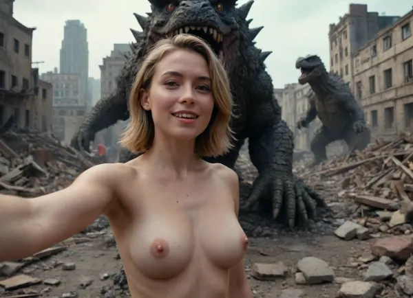Ultra detailed cinematic scene, a happy nude woman taking a selfie with Godzilla in the background, strong shadow, ultimate details, sharp focus, rich color, Nikon D850, Christopher Nolan style, apocalyptic city background, collapsed buildings, debris, rubble, dust, dirt, many people