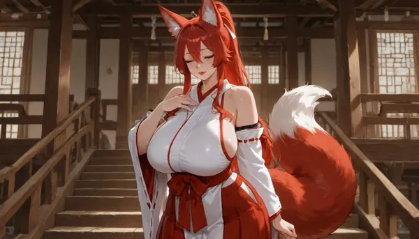 MILF, voluptuous, red head, hair in a ponytail, red lips, black eyeliner, fox ears and tail, shrine maiden out fit, standing at the top of stairs, hand on cheeck, eyes closed, puzzled expression