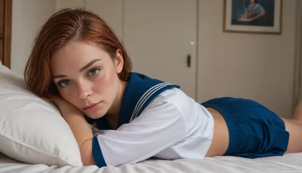 score_8_up, score_7_up, 22 years old, short redhead hair, redhead, green eyes, tanned skin, detailed face, freckles, realistic, (blush), extremly beautiful, (serafuku uniform:1.5), white shirt, blue skirt, skinny girl, athletic, bedroom, night, cold moon light, (blush:1), on the bed, flat, chested, <lora:flat_chested_v3.5:.8>