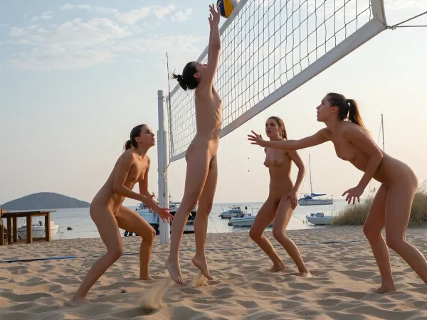 Four slender female beach volleyball players with small breasts and hourglass figures—two teams of two—are playing an intense, dynamic match on a sandy beach in a Cretan summer landscape. One player leaps up at the net to spike the ball while an opponent moves to block, the other two players stand in a defensive position in the background. Natural, athletic movements, realistic body proportions, focused expressions, team spirit, and competitive energy.

The setting is a peaceful greek coastline in midsummer, with pale sand, a calm sea is visible, with several traditional Greek fishing boats and yachts anchored there, as well as the silhouette of an island on the horizon. Soft white clouds drift across the horizon, and a light coastal breeze moves the players’ hair, clothing and the dune grass. Warm late-afternoon sunlight creates soft golden highlights and natural shadows.

The players are naked, with professional footwear. Visible footprints and disturbed sand around the court, subtle grains of sand in the air, realistic volleyball net, boundary lines and an official beach volleyball.

Cinematic sports photography, authentic candid action, dynamic composition, low camera angle near the sideline, sharp focus on the players, slight motion blur on the volleyball and flying sand, realistic skin texture, natural sunlight, detailed fabric, subtle depth of field, Scandinavian summer atmosphere, photorealistic, high detail, full-frame camera, 70mm lens, fast shutter speed, editorial sports photography, balanced colors.

Setting, Mediterranean beach, (Crete), afternoon.
Details, Traditional Greek fishing boats, wooden table.