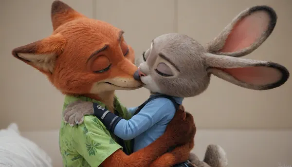 (Furry, Judy Hopps from "Zootopia":1.7), (Furry, Nick Wilde from "Zootopia":1.7), ((Disney)), kissing, cuddling.