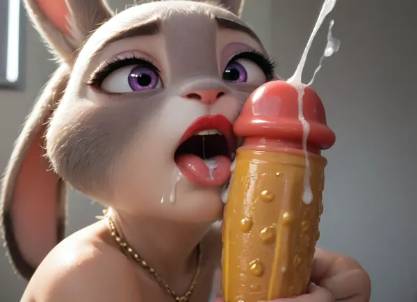 🪄🐶💋, Judy Hopps, topless, side view, sloppy open mouth with cum, penis head cumming in mouth, cum in mouth, tongue out, flesh, saliva strings, cum strings, excessive saliva, drooling, cumshot in open mounth, cum on face, small breasts, ((makeup:1.5), long blue eyelashes, olive eye shadow with sequins), large plump lips bimbo in red lipstick with a glossy wide pink outline, necklace, (the silhouette and contour of the chest and boobs with nipples are visually available), thick eyelashes, expression bright and adoration, detailed fur, close up, soft lighting, Hyper-realistic photograph of a fine Judy Hopps, 8k. A delicate erotic Judy Hopps, full body view, squatting on a gold dildo, hello boring slave, show me the lipstick on the lips that the girl has between her legs, a beautiful pubis, legs, parted lips for show, jxdhxps, character, artoflips, uoclips, lips, lipstick, art, of, <lora:Animated_Concept:.8>, <lora:Judy_Hopps_Xl-000002:2>, <lora:Art_Of_Lips_PONY_XL_By_UOC:.8>