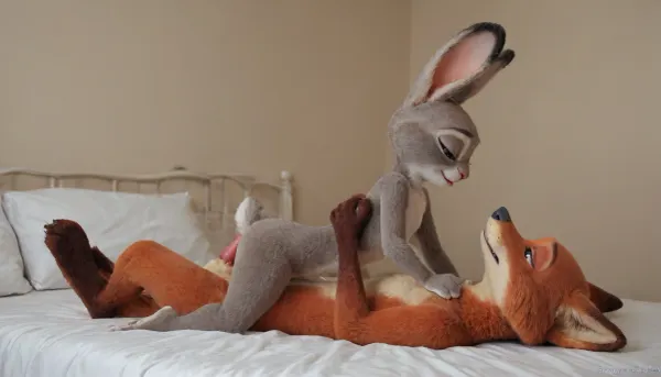 (Furry, Judy Hopps from "Zootopia":1.7), (Furry, Nick Wilde from "Zootopia":1.7), ((Disney)), canine penis Nick Wilde's, in pussy Judy Hopps, sex on the bed.