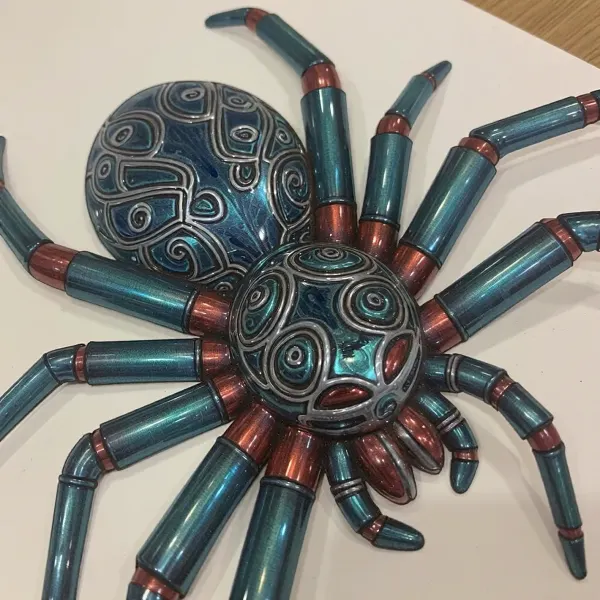 One spider, intricately engraved patterns on exoskeleton. Exoskeleton Metallica emerald blue green with segments of metallic ruby red luminescent, crayon drawing