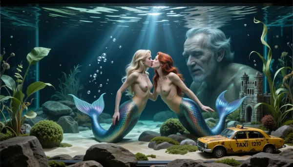 Masterpiece photorealistic cinematic underwater photograph, 4 to 3 frame, full frame 35 mm perspective, eye level viewpoint through the long front pane of an enormous deep home aquarium, the entire frame filled by the aquarium interior, rippling water surface visible along the upper edge, strong depth from foreground rocks through the mermaids to the distant rear glass, physically accurate refraction, realistic caustics, suspended particles, fine bubbles, soft volumetric haze and gentle falloff into darker depth, dramatic top lighting creates narrow shafts through the water, bright highlights against rich deep shadows, strong local contrast and pronounced micro contrast, an extraordinary professional aquascape fills the tank with layered stone formations, pale sand channels, moss covered rocks, carpeting plants, compact bush shaped growth, broad leaved plants, delicate stems and tall ribbon plants, a weathered miniature stone castle and small rusted yellow taxi model sit naturally within the landscape, the inscription, "TAXI 1210", remains clearly legible on the side of the model car, partly reclaimed by moss like growth, algae and trailing plants, two beautiful adult mermaids, 26 years old with blonde hair and 28 years old with fiery red hair, appear relatively small within the immense tank but stand out through crisp directional light and deep surrounding shadows, rendered like real living beings with convincing anatomy, exceptionally detailed faces, realistic blue and green irises, visible pores, fine eyelashes, subtle skin texture, natural smiles, joyful expressive eyes and detailed floating hair strands, their upper bodies are nude, firm detailed tits, long nipples, their iridescent tails show thousands of sharply resolved overlapping scales with bright highlights and translucent fins, both mermaids kissing each other in a spontaneous joyful movement, behind the opposite rear pane face of a friendly 70 years old man, his gigantic face filling much of the distant background, enormously larger than the mermaids, clearly outside the tank and visible through the full water column and rear glass, long gray disheveled hair, deeply wrinkled pale skin, deep set kind eyes, long thin nose, elongated chin and gaunt facial structure, his expression warm and gently smiling as he watches the mermaids play, one hand pressed flat against the far glass with the palm visible beside his face, his features subtly softened by water and thick glass refraction, ultra realistic skin microtexture, wet glass reflections, restrained turquoise and green palette, high end photographic realism, organic imperfections, rich blacks, immersive scale, magical fairy tale atmosphere, tender miniature world lovingly observed by giant