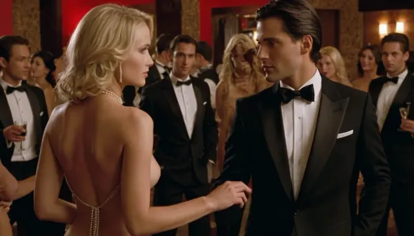 The scene takes place in a swinger club, only married couples, (husbands and wives), are present. The women are completely naked—wearing no clothes, only high heels and jewelry, (clothed women are not admitted), . Their pubic areas are smooth-shaven, with absolutely no hair, (pubic hair is prohibited by club rules), . A sophisticated social gathering, a romantic date, swingers, sexual intimacy, featuring only slender 25-year-old women with well-groomed appearances and shoulder-length hair—both blondes and brunettes. An elegant social event, a cocktail party, fully naked women, (wearing only high heels), slender figures, small but beautiful breasts, husbands in expensive suits. Full-body shot, realistic style, high image quality. Faces, hair, and hands are rendered in detail. The men are dressed exclusively in black tuxedos.