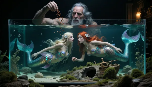 Masterpiece photorealistic cinematic dark fantasy aquarium photograph, (extreme panoramic 24:9), composition, deliberately underexposed by approximately three stops, ultra low key illumination, profound saturated blacks while preserving razor sharp micro detail in illuminated areas, viewed straight through the long front glass of an enormous deep home aquarium at eye level, the aquarium fills almost the entire frame, crystal clear dark teal water, realistic glass thickness, strong refraction, subtle caustics, suspended particles, tiny bubbles and underwater haze, behind the aquarium a gaunt old man, 70 years old, appears gigantic compared with the miniature underwater world, long disheveled gray hair, deeply lined weathered face, hollow cheeks, narrow nose, pale tired eyes, his face partly swallowed by darkness and dramatically distorted at the waterline by glass and water refraction, creating a distinct optical break across his features, his enormous weathered hand enters from above and sprinkles tiny brown food pellets into the aquarium, individual pellets falling through the surface in a delicate scattered stream, two extraordinarily beautiful adult mermaids, 26 years old and 28 years old, swim independently beneath him, one with extremely long flowing blonde hair, the other with extraordinarily long fire red hair, hundreds of individually resolved strands drifting naturally through the water, delicate flowers and pearl ornaments woven into their hair, natural expressive faces, realistic eyes, eyelashes, pores and skin texture, their upper bodies covered by elaborate organic pearlescent scale structures and shell ornamentation, thousands of individually defined overlapping scales transition into enormous iridescent tails with turquoise, emerald, silver and violet reflections, translucent fins revealing delicate structures, one mermaid cautiously rises toward the descending food while the other remains lower and farther away, turning warily toward the disturbance, pale sand, stones, dense aquatic vegetation and moss covered ruins below, a small sunken model galleon lies broken on the aquarium floor, a large hole torn through its hull, partially buried and heavily overgrown with algae and moss, faint directional aquarium light creates narrow shafts through the darkness, subtle warm amber lights barely visible beyond the tank, dramatic chiaroscuro, black negative space, selective silver and teal rim light, extreme local contrast, deep dimensional layering, physically accurate water optics, restrained saturation, fine analog grain, premium full frame realism, extraordinary detail in hair, faces, scales, glass and weathered materials, mysterious intimate slightly unsettling fairy tale atmosphere, cinematic darkness with luminous underwater highlights