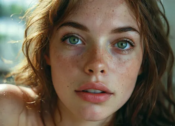 This is a highly detailed, photorealistic digital artwork depicting a young european woman with model-like features and intense freckles. pov, Bottom view, looking into eyes, woman laying down, seductive 24 yo woman, breathtaking youthful 24 year old, European, tanned complexion, real skin details, lots of freckles, adorable expression, half smile, green eyes, very skinny body, beautiful innocent eyes, large eyes, focused eyes, clear eyes, green eye color, half open eyes, expression of longing, detailed facial expressions, some small asymmetrical features, sensual, long brunette hair, loose natural hair, luscious sensual lips, dappled bright sunlight, intimate view, upper body and and shoulders, ultra detailed, highly detailed, masterpiece, looking at viewer, clean face, sensual eye contact, (passion:1.4), sensual mood, close view on face, ((seductive eyes, lascivious half-lidded eyes, copulatory gaze)), very realistic, hyper realistic, detailxl, Freckles, Natural, skin, 4k epic detail, shot on kodak, 35mm photo, sharp focus, high budget, cinemascope, fun, epic, gorgeous, film grain, grainy, rating, sunshine casts varied light and shadow on her face, green, blue, brown, perfecteyes, (best quality), (highly detailed), (ultra-realistic), in, (1980:1.2), (polaroid photo:1.1), Kodak Portra 400 color film. Nostalgic, film-grain aesthetic., with an overall underexposure of 1-2 stops to accentuate the darkness and isolation of the environment. Soft backlight., analog, AnalogRedmAF, <lora:Cosine_freck:1.8>, <lora:SDXL_BetterFaces-LoRA_v1:.4>, <lora:MJ52:1>, <lora:AnalogRedmondV2-Analog-AnalogRedmAF:1.2>