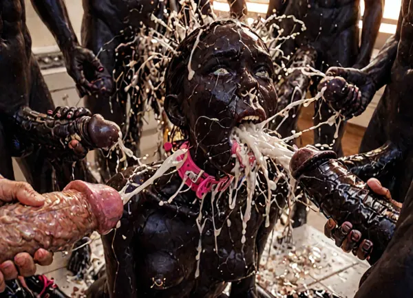 (ultra black skin:4), 20 yo African female, hard pressing massive tits with hands, Nipple and areola visible, maid outfit, kitchen, kneeling, lactation, milk spraying

realistic, ashamed facial expression, pain-distorted facial expression, medium breasts, pink leather corset, blue eyes, anal fuck, rough fuck, painfull fuck, wide pink slave collar, lots of cum on her face, lots of cum on her breasts, hair pulling, living room, leash, bdsm tied up, helpless, bondage, bdsm, pierced nipples, gangbang, (cum explosion from nose:1.64), (cum explosion from mouth:1.85), random sex scene, rapefantasy, Rating_explicit, (score_9, score_8_up, score_7_up, source_bdsmrape:1.12), close up, detailed and infocus face, masterpiece, (perfect lighting:1.4), (skinny:1.4), (ultra detailed face:1.4), (ultra high detailed outfit:1.4), 8k, (high resolution:1.4), (huge dick:2.8), (whip marks:1.5), (whipped tits:1.6), ring gag, (open mouth gag:1.55), (irrumatio:1.6), (6 identical triplet girls, exactly look alike same:1.3), ((analrape spitroast)), ((large cock in mouth:1.12)), (cum explosion from mouth:1.125), (source_bdsmrape:1.48), (hyper massive cock:1.2), of the beast is to big for her little mouth, impossible fit in mouth, looking up, (trying to fit in her mouth the massive cock:1.12), (Tears:2), (bukkake:1.12), (handjob:1.5), above view, cum in mouth, cum on forehead, cum on cheeks, porn photoshoot, (huge dick), (creamy deep deepthroat:1.12), (extreme oral sex:1.4), (huge massive white dick:1.4), (cum), (hands holding hair), (huge dick:1.4), (bukakke), (cum in face, cum on body), (covered in cum), (excessive cum:1.12), (cum on face), (cum on body), (Cum in hair), photorealistic cum, thin runny cum, thick chunky cum bukkake, unwanted bukkake, 4boys, 5boys, 6+boys, multiple black men, Transparent Liquid, orgy, penis, cum, cumbath, <lora:LCMTurboMix_Euler_A_fix:2>, <lora:sd_xl_turbo_lora_v1-64dim:2>, <lora:futureistic_fantasy_anime_sdxl_v1:2>, <lora:Incase_Style__SDXL:2>, <lora:3ll3f4nning:2>