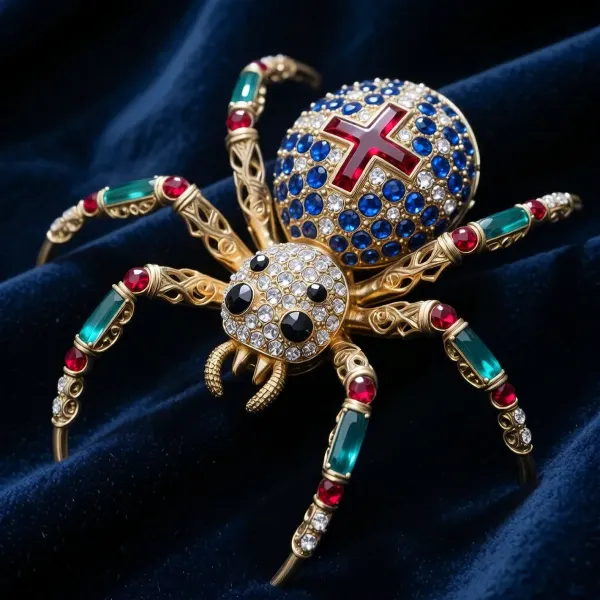 Luxury jeweled spider brooch resting on dark navy blue velvet with soft deep folds. Natural spider proportions, small cephalothorax at the front, much larger oval abdomen at the rear, eight legs attached only to the front section. The small front cephalothorax is completely pavé-set with tiny emeralds and has, (eight black diamond), eyes in two rows, the two front eyes slightly larger. No human face. The large rear abdomen is completely pavé-set with sapphires and bears a ruby cross framed by small white diamonds. Gold and metallic emerald-teal enamel legs with ruby-red gem segments. Intricate engraved gold settings, high jewelry, photoreal studio lighting, no text, no letters, no arrows, no labels