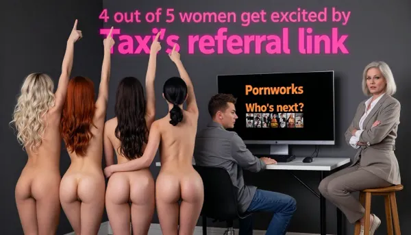 "4 out of 5 women get excited by Taxi's referral link", this exact advertising bolded and bright headline dominates the composition as a single perfectly spelled line of large glowing pink typography overlaid across the image, clean modern commercial lettering, Masterpiece photorealistic cinematic advertising photograph, dark charcoal gray seamless studio environment, on the left side of the image exactly four adult nude women stand close together in the foreground, all viewed strictly from behind with their faces hidden, all four nude women have bare small bubble butts, all slim athletic and naturally proportioned, ages 22 years old, 28 years old, 38 years old and 25 years old with realistic age appropriate bodies and skin, each clearly differentiated by long hair, blonde curls, vivid red hair, deep brunette hair and black hair, all four nude and enthusiastically raise one arm high above their heads like eager students volunteering for an answer, index fingers pointing upward, energetic eager posture, clearly functioning visually as one unified group of four nudes, on the right side of the image and several meters away from them and unmistakably separated from the nude group sits one woman, 50 years old, alone on a simple tall wooden bar stool, turned toward the viewer, she looks to the viewer, rigid posture, arms tightly crossed, extremely conservative old fashioned appearance, dressed in beige and gray tones, in the deeper background in the middle of the image sits a handsome adult man, 30 years old, short blonde hair, jeans and Gray shirt, sits behind a minimalist desk facing a large modern computer monitor, subtle mischievous smile, the computer screen is clearly visible to everyone in the scene, its interface is deep black and contains exactly two prominent lines of bright orange text, first line "Pornworks", second line "Who's next?", both phrases sharp and perfectly legible exclusively on the monitor, restrained adult thumbnails arranged beneath the text, strong spatial separation between the four standing women, the isolated seated conservative woman and the man at his desk, uncluttered composition, realistic skin pores, individual hair strands, detailed wool fibers and fabric texture, premium full frame photography, 35 mm lens, controlled cinematic studio illumination, deep blacks, strong contrast, high micro detail, polished provocative advertising aesthetic